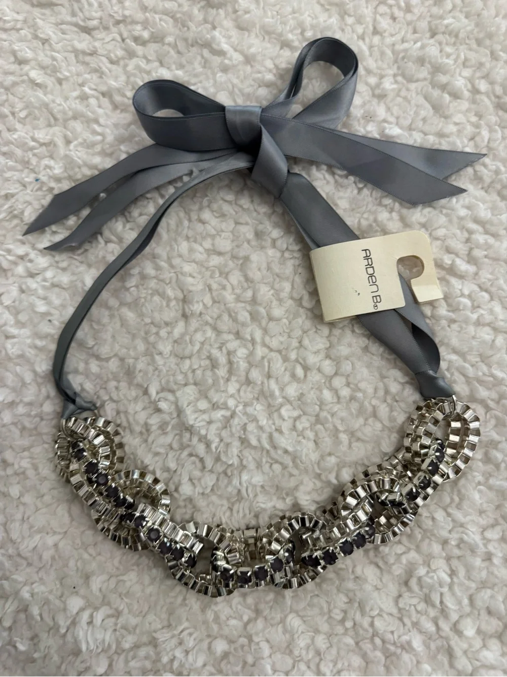 Arden B Crystal-Link & Grey Silk Ribbon Necklace